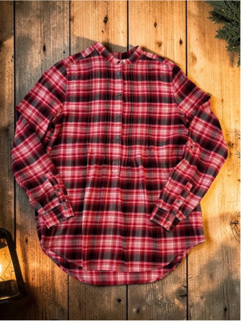Lands End Flannel Button Tunic Shirt Womens 8T Red Black Roll Tab & Long Sleeve